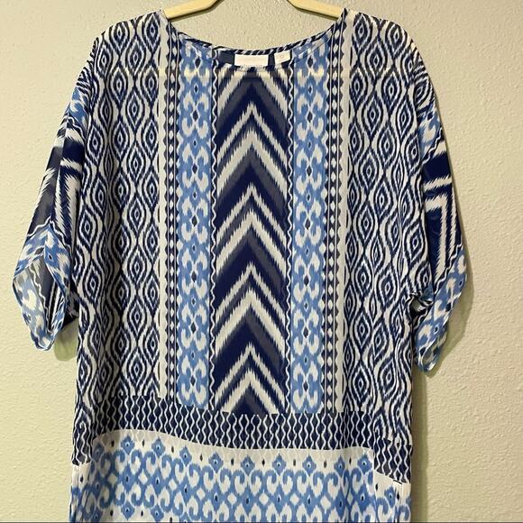 Chicos Blue Sheer Boho Tunic Mini Dress Womens S Casual Ikat Beachy Summer - Picture 2 of 8